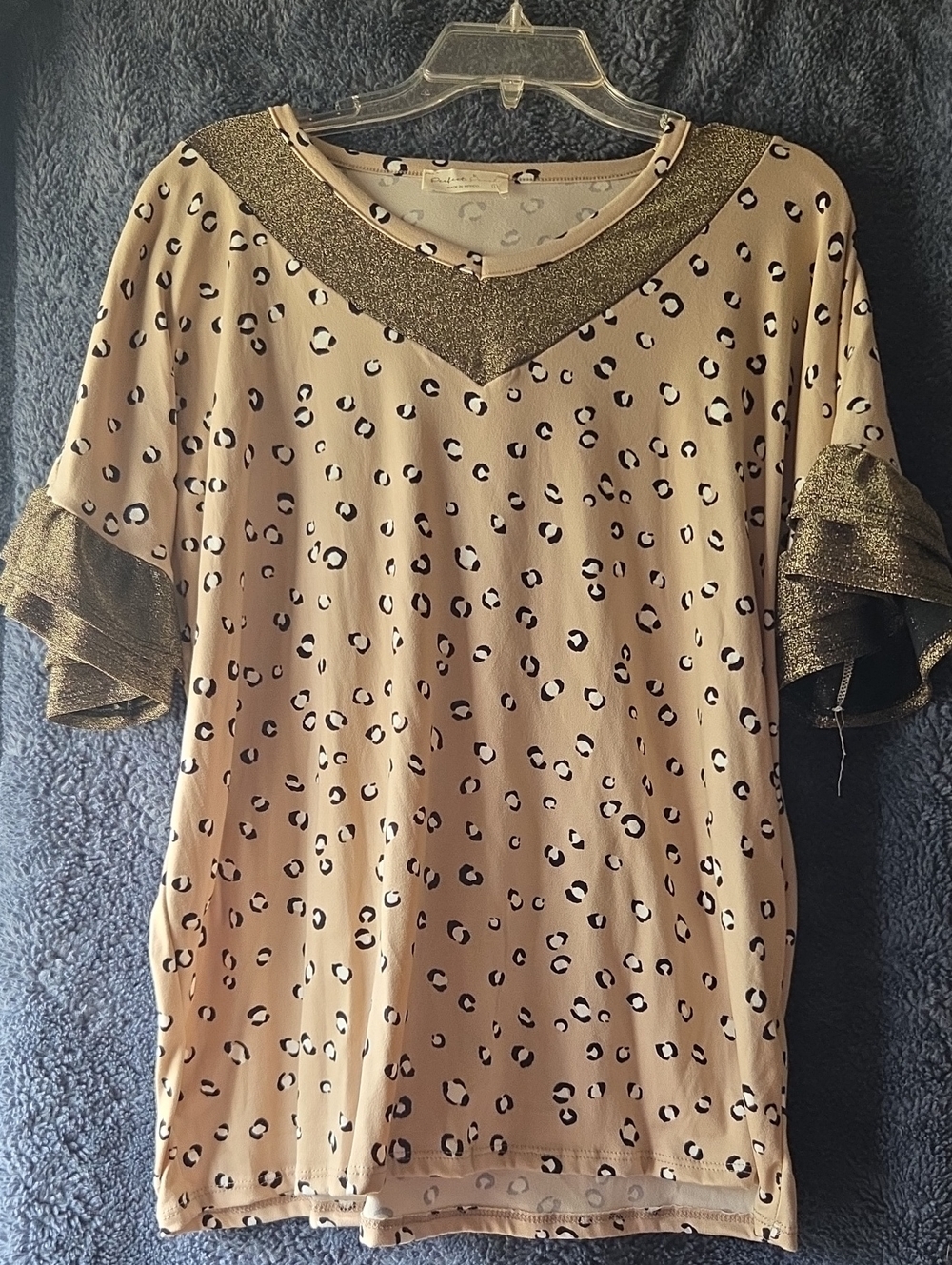 Beige Leopard Print Short Sleeve Tee with Shimmer Trim